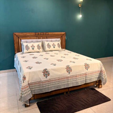 Peach Blossom Hand Block Printed 100% Cotton King Size Bedsheet