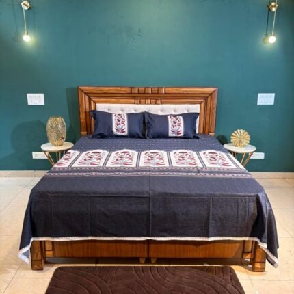 Steel Blue Floral Panel 100% Cotton Digital Printed King Size Bed Sheet