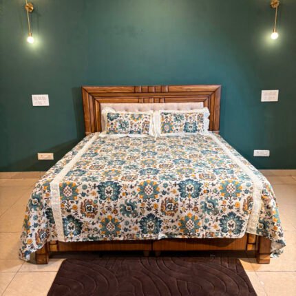 Teal Mustard Mughal Floral Anokhi Print Duck Fabric Pure Cotton King Size Bed Sheet