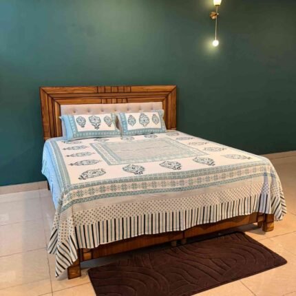 Traditional Buta Aqua Blue Tones Anokhi Print Duck Fabric Pure Cotton King Size Bed Sheet