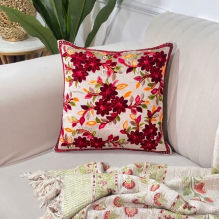 Crimson Bloom Embroidered Cushion Cover – Elegant Floral Charm