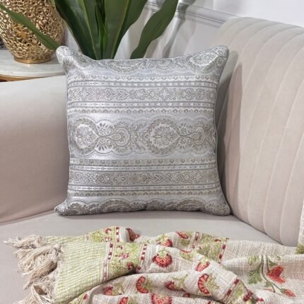 Luxurious Silver Brocade Cushion Cover with Royal Elegance