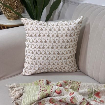 Classic Embroidered Trellis Cushion Cover – Ivory & Gold
