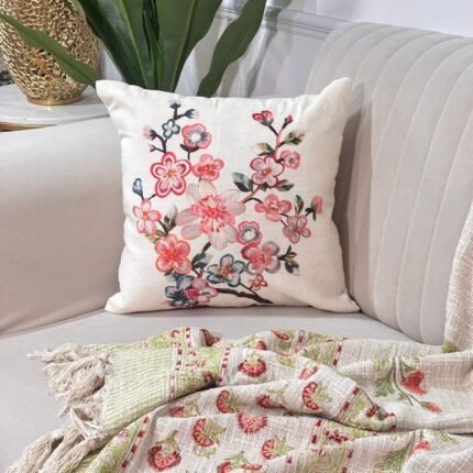 Embroidered Floral Linen-Look Cushion Cover with Solid Back