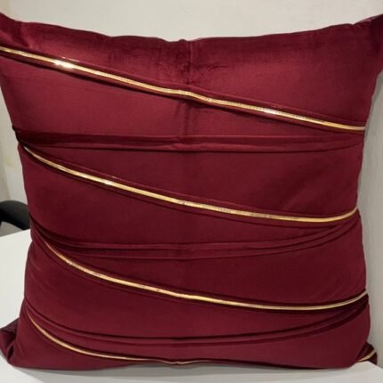 Luxury Maroon Satin Cushion Cover with Golden Accent Lines