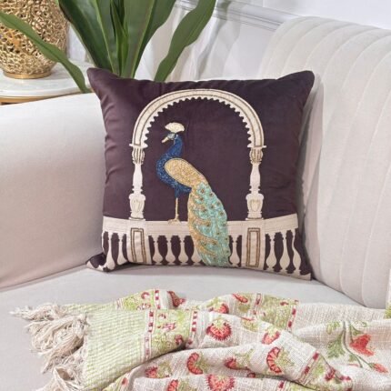 Royal Peacock Arch Cushion Cover in Deep Coffee Brown