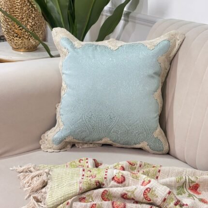 Elegant Pastel Aqua Cushion Cover with Lace Border