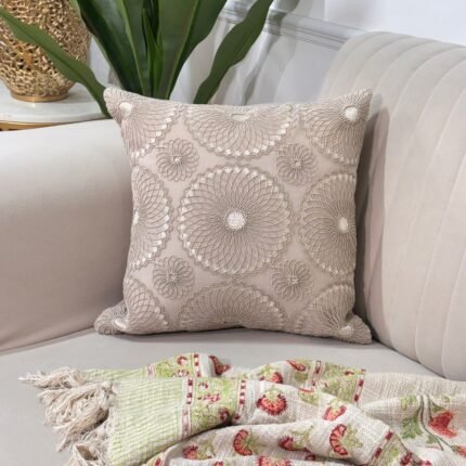 Elegant Embroidered Geometric Floral Cushion Cover – Beige Taupe