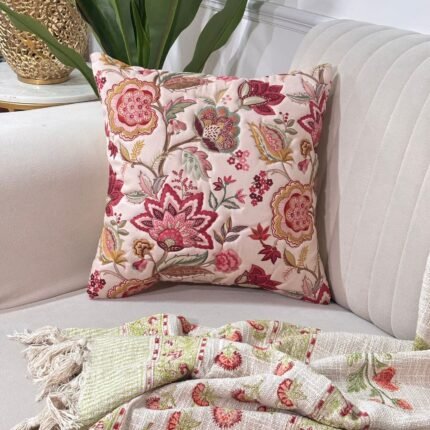Elegant Floral Printed Cotton Cushion Cover – Soft Pastel Base
