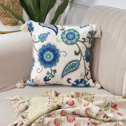 Floral Blue Handloom-Style Cotton Cushion Cover with Tassels