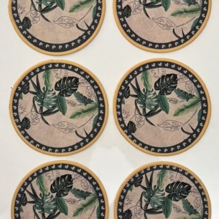 Decorative Round Dining Table Mats with Leaf Design & Woven Trim Non-Slip Mat Easy to Clean