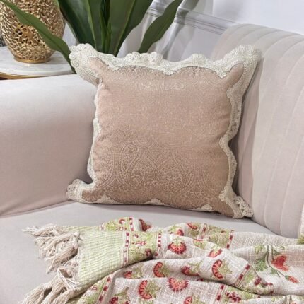 Elegant Taupe Damask Cushion with Ivory Lace Trim