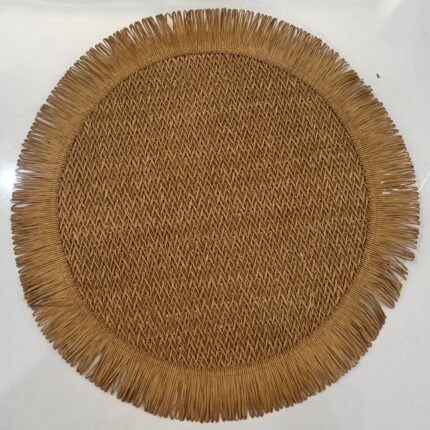 Natural Woven Rattan-Style Round Placemat with Fringe