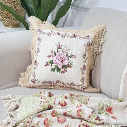 Heirloom Rose Embroidered Lace Cushion Cover – Timeless Vintage Elegance