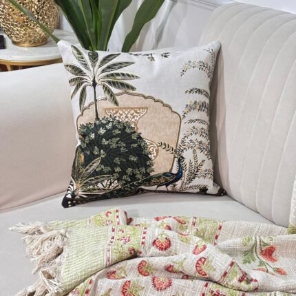 Ivory Garden Peacock Cushion – Soft Neutrals with Regal Accents