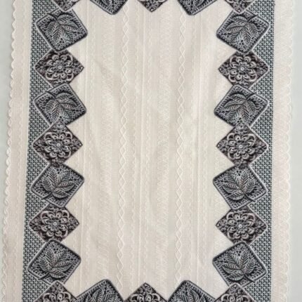 Luxury Embroidered Polyester Table Mat with Lace Border – Ivory & Grey