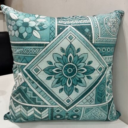 Ethnic Geometric Floral Cushion Cover – Teal Blue Artisan Style