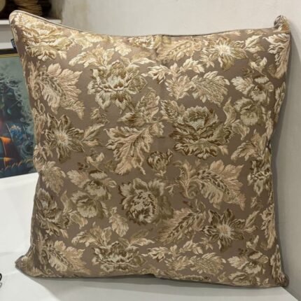 Elegant Taupe Floral Jacquard Cushion Cover with Gold Woven Detailing