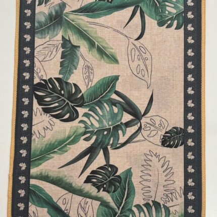 Easy-Wash Rectangular Table Mat with Tropical Leaf Artwork and Stitched Border