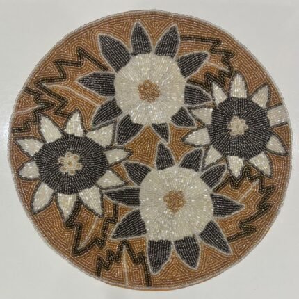 Handcrafted Beaded Floral Round Table Mat – Elegant Gold & Ivory Design