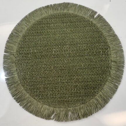 Sage Green Woven Round Placemat with Looped Fringe