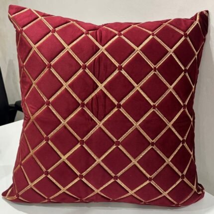Luxury Maroon Embroidered Cushion Cover with Gold Diamond Pattern