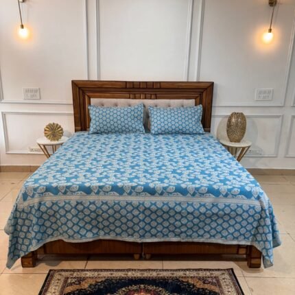 Blue Haven Handblock Print Bedcover with Matching Pillow Covers)