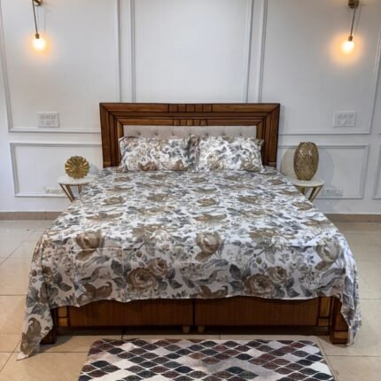 Ivory White Floral Cotton Bedsheet Set with Brown & Grey Tones