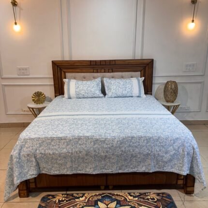 Elegant Floral Cotton Bedsheet Set – Soft Sky Blue & White