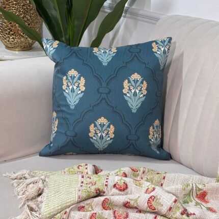 Royal Teal Floral Jaali Cushion Cover – Timeless Statement Design
