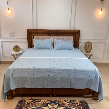 Petite Bloom: Elegant Blue Embroidered Set with Scalloped Edges