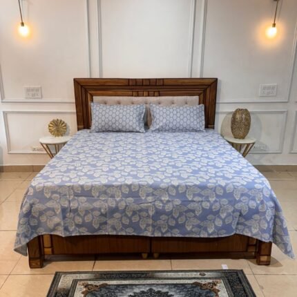 SERENE SKY BLUE LEAF BEDCOVER – GRACEFUL EVERYDAY ELEGANCE