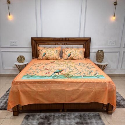 Tropical Aviary Peach Heritage Bedsheet Set with matching pillow covers