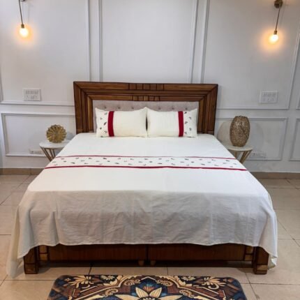 The Crimson Stitch: Premium Embroidered Cream Cotton Set