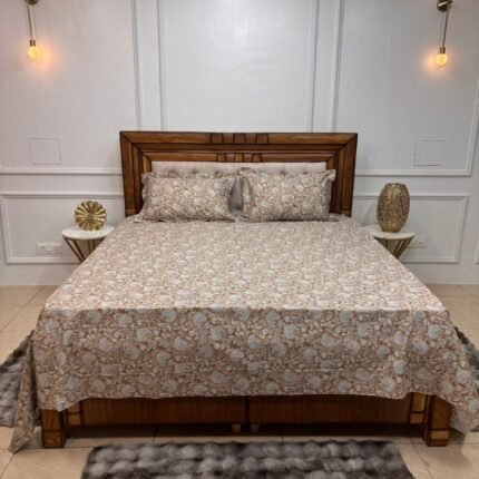 LUXURY BEIGE FLORAL PRINTED COTTON BEDSHEET SET