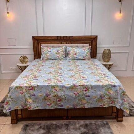 Soft Sky Blue Multicolor Floral Cotton Bedsheet
