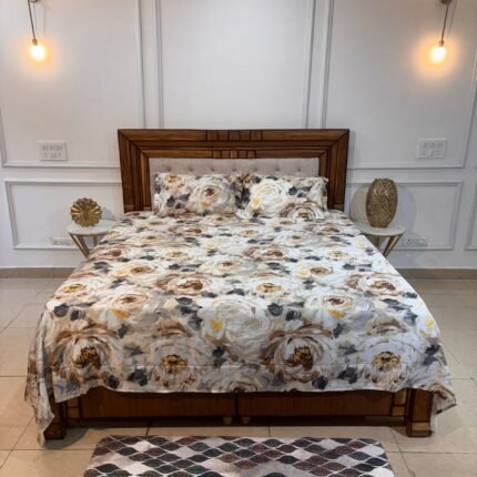 Ivory Beige Rose Print Cotton Bedsheet Set with Elegant Floral Design