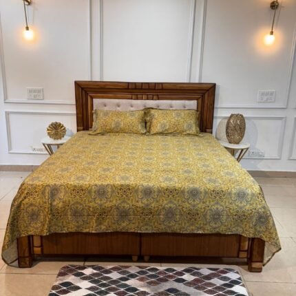 Mustard Yellow Ethnic Print Cotton Bedsheet Set with Matching Pillow Covers