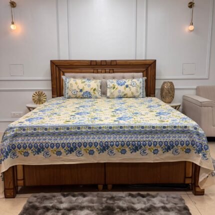 Premium Floral Cotton King Size Bedsheet with Matching Pillow Covers - Blue & Marigold Motif