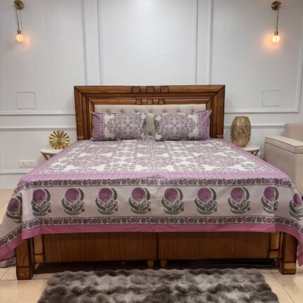 Premium Hand-Block Inspired Cotton King Size Bedsheet – Traditional Floral Buta Border Set