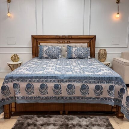 Premium Mughal-Inspired Cotton King Size Bedsheet Set – Hand-Block Style Floral & Mandala Print