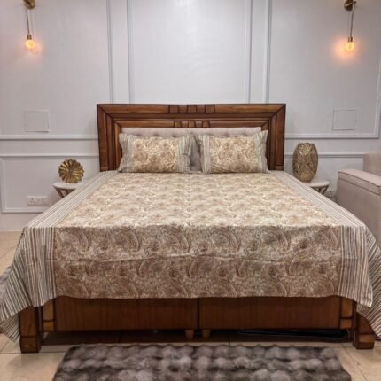 Royal Mughal Vine Cotton King Size Bedsheet – Burgundy & Ochre Hand-Block Style