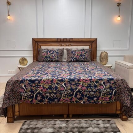 Authentic Ajrakh Print King Size Cotton Bedsheet – Midnight Indigo & Floral Vine Collection