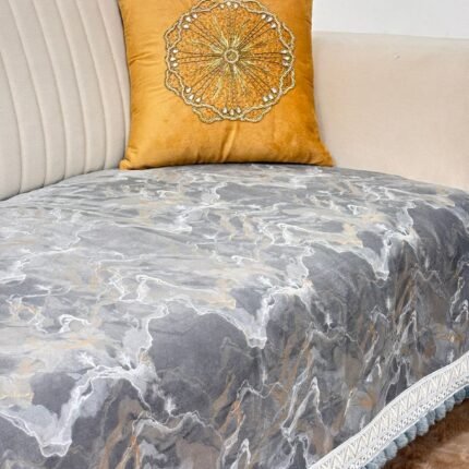 Elegant Marble Print Sofa Cover with Designer Lace Border