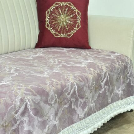 Elegant Mauve Marble Chenille Sofa Cover with Tassel Fringe