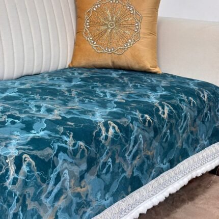 Midnight Teal & Gilded Marble Luxe Sofa Throw